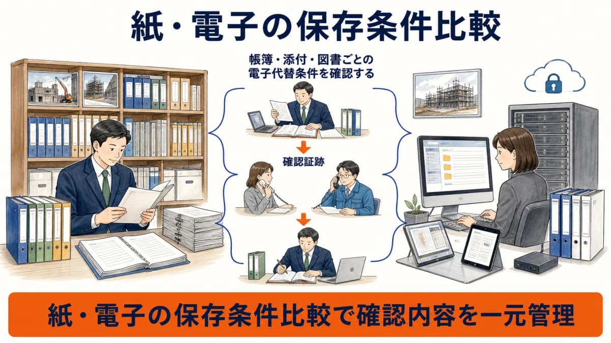 紙と電子について帳簿と添付と図書の保存条件を比較する図