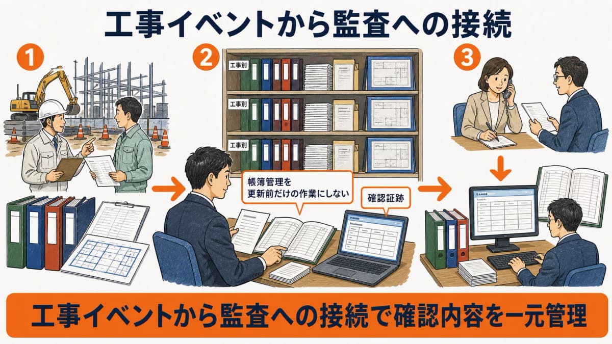 契約と検査と引渡しの工事イベントから月次監査と保存管理へ接続する図