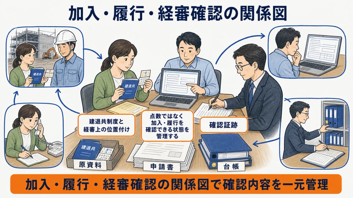 建退共への加入と掛金納付の履行から経審確認へ進む関係図