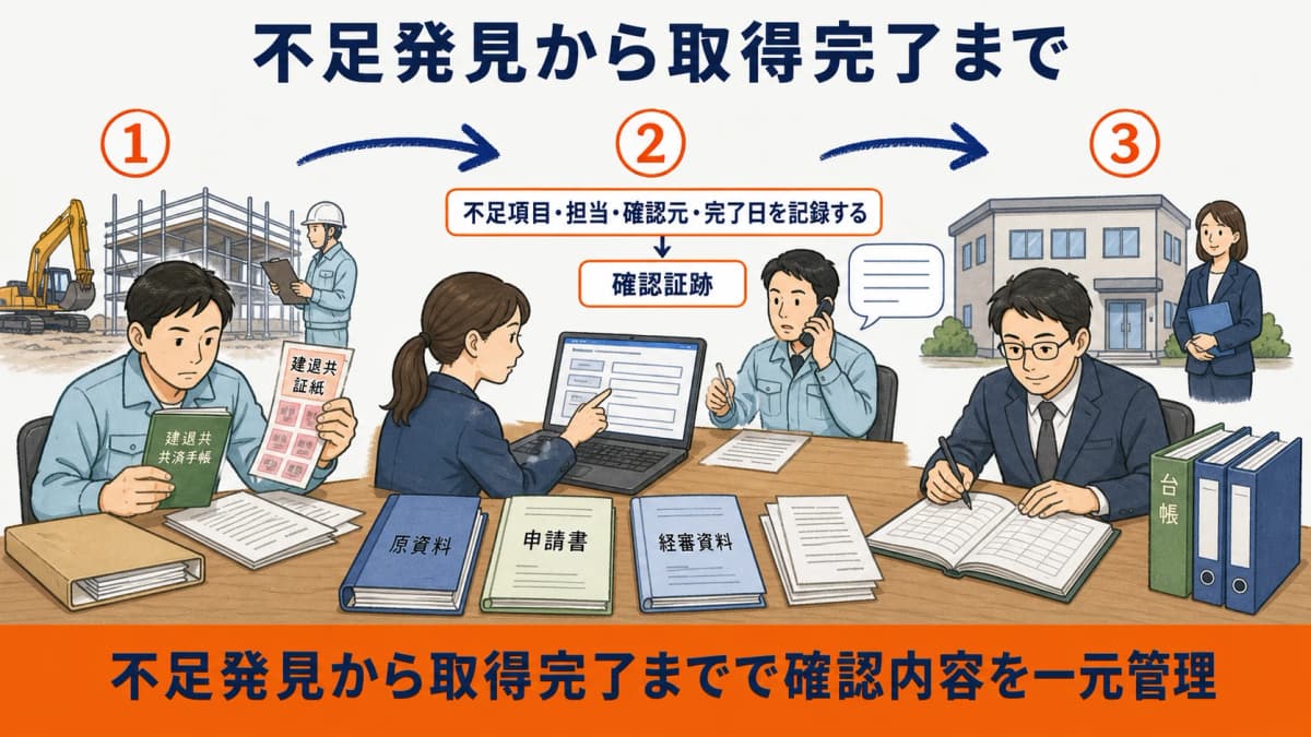 加入または履行の不足発見から依頼と取得確認を経て完了する流れ