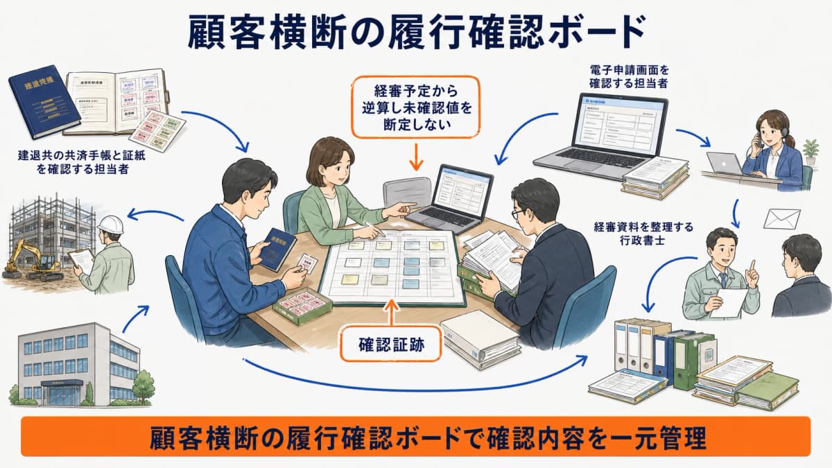 複数顧客の経審予定と履行方式と不足状況を横断する管理ボード