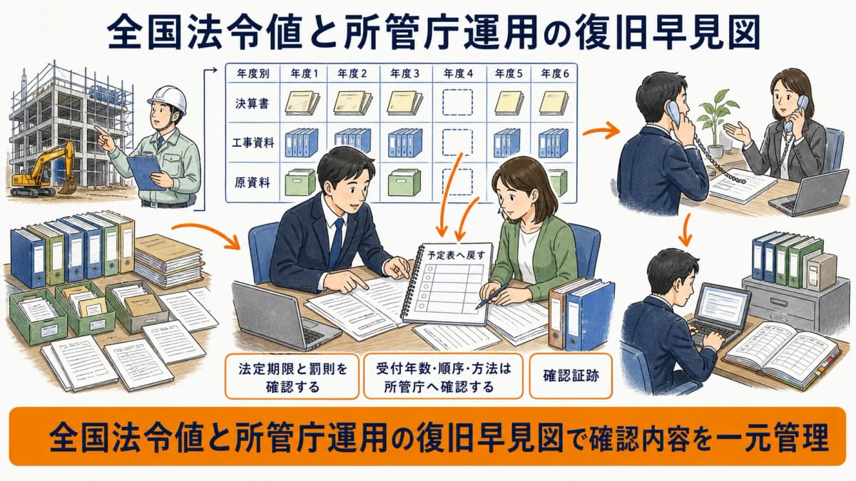 法定の四月以内提出と所管庁へ確認する遡及運用を分ける復旧早見図