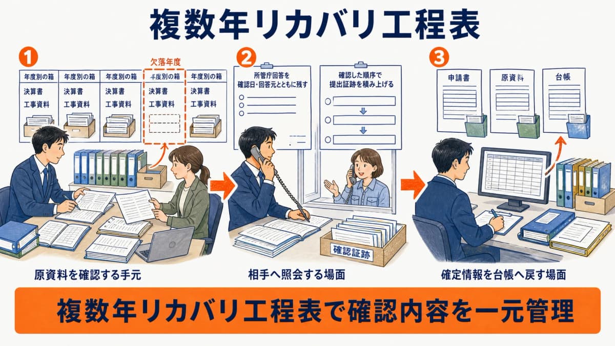 所管庁確認から年度別再構成と整合と提出証跡までを並べる工程表