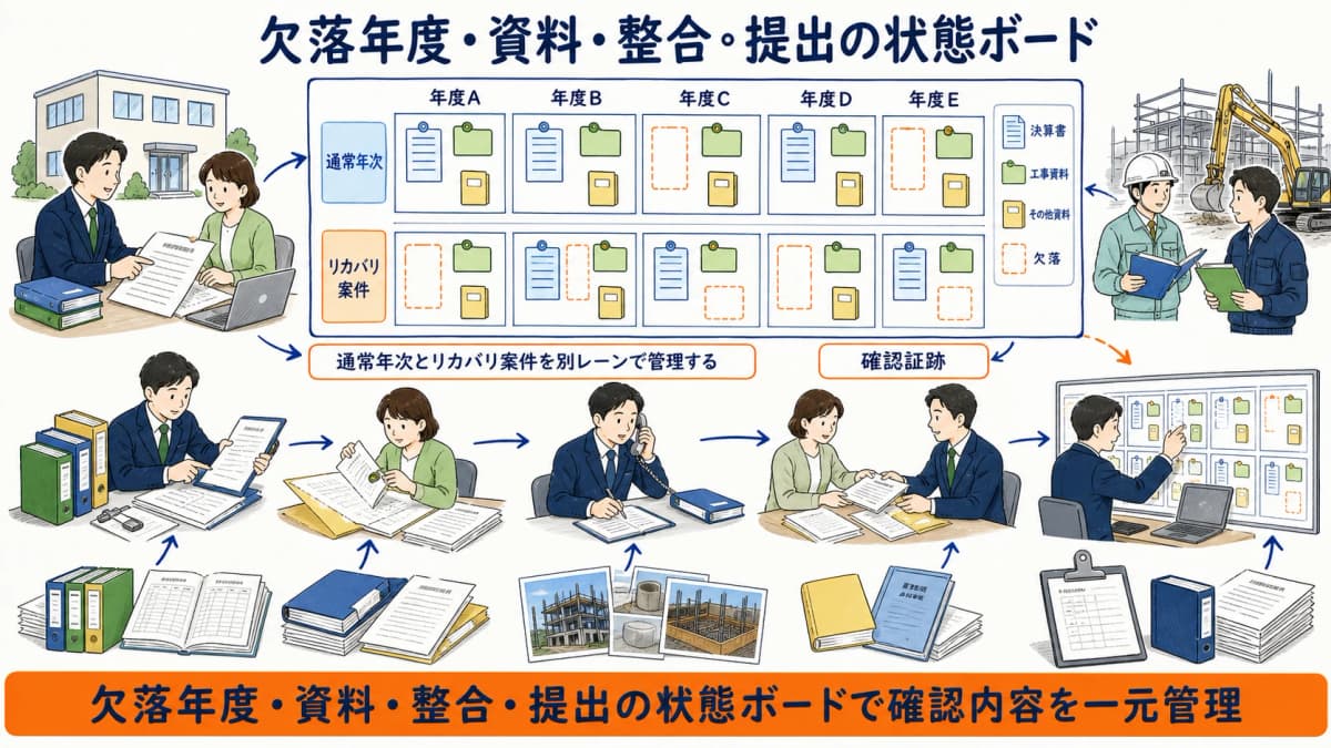 顧客ごとの欠落年度と資料回収と整合と提出状態を横断するボード