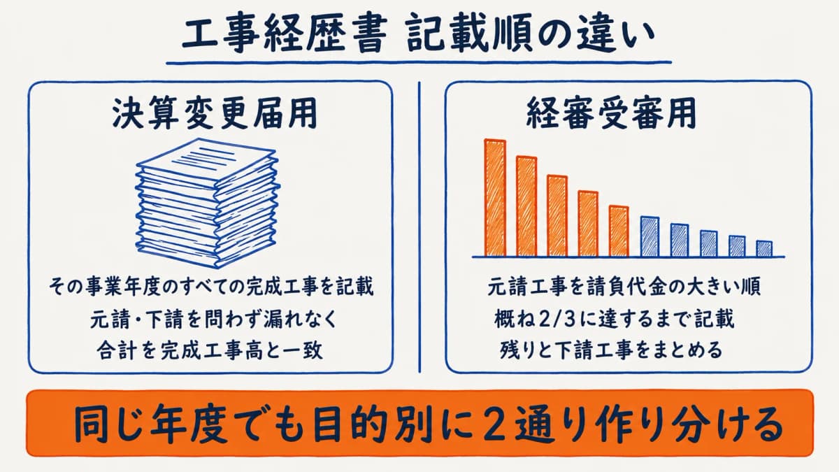 工事経歴書 決算変更届用と経審用の記載順の違い
