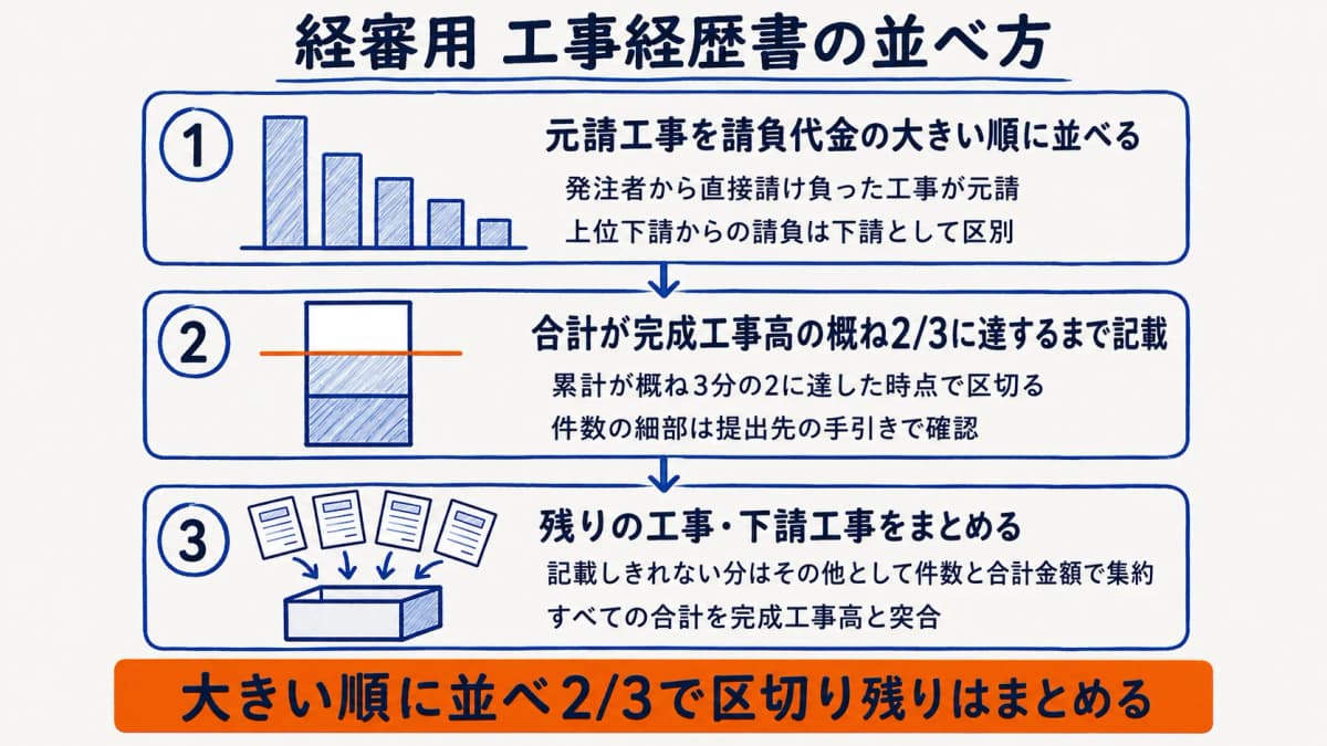経審用 工事経歴書の並べ方 3ステップ