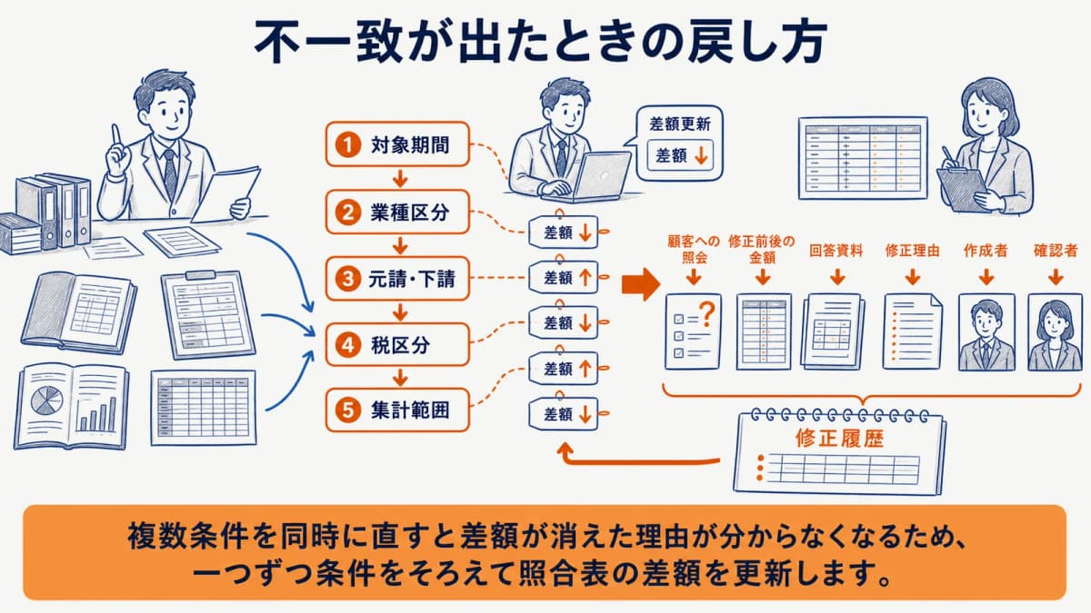 3帳票の差額原因を順に切り分ける確認手順