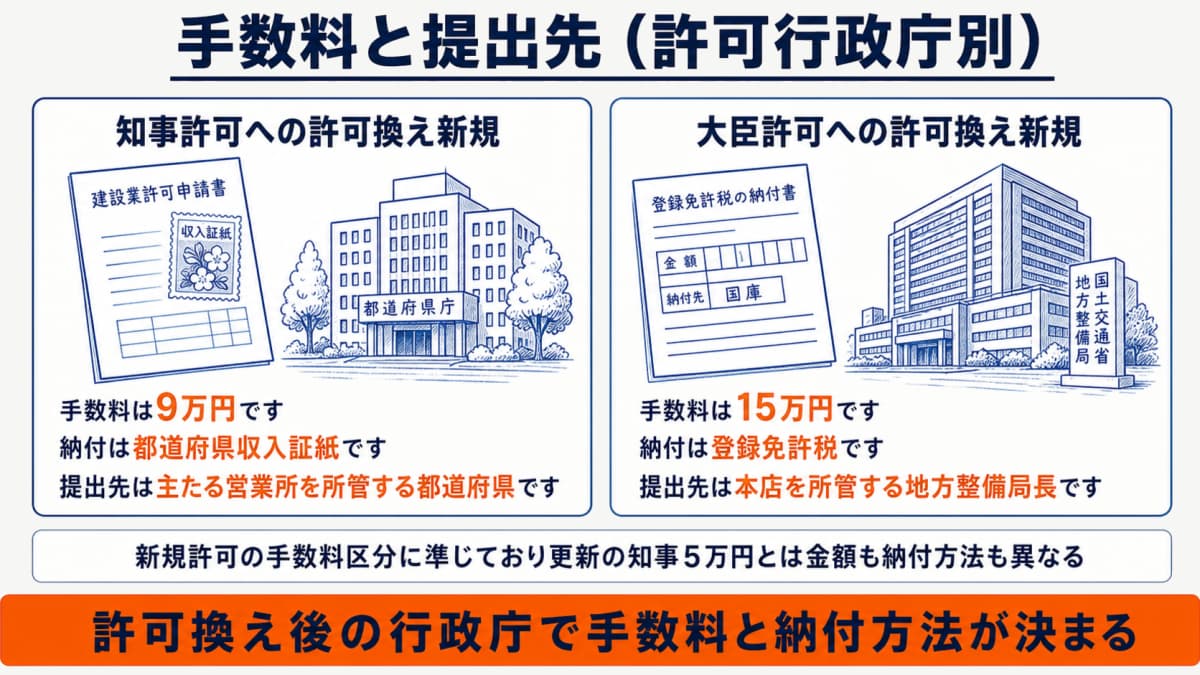 手数料と提出先を許可行政庁別に対比した早見表