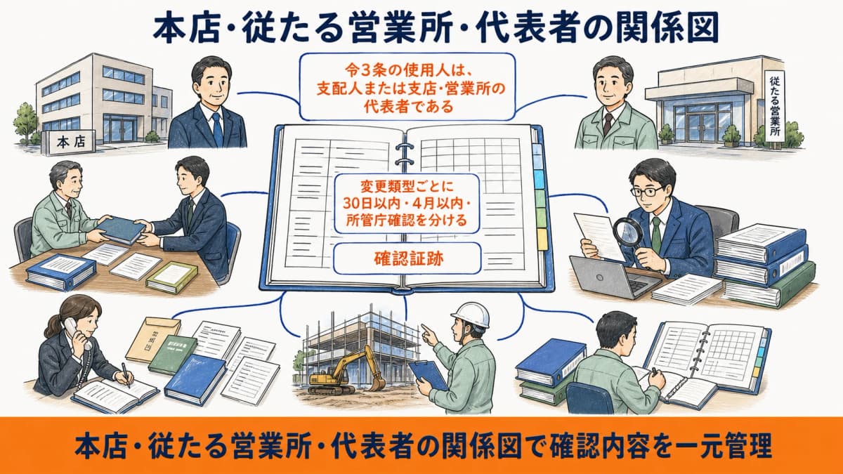 本店と従たる営業所と令3条の使用人である代表者の関係図