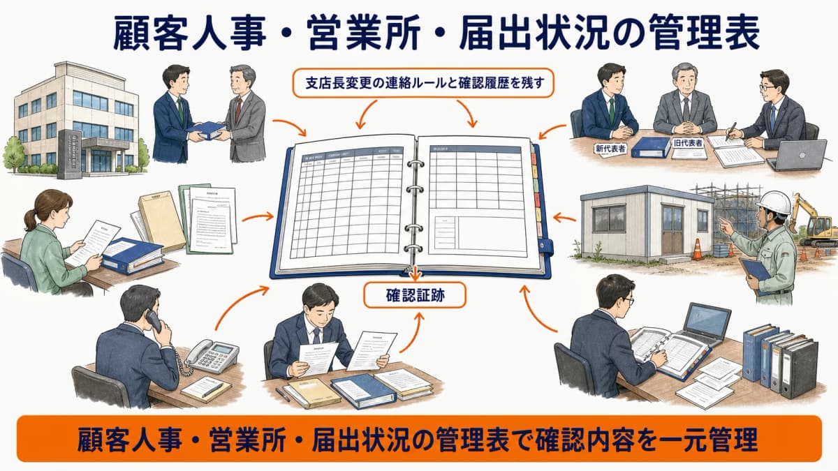 顧客の人事と営業所と届出状況を変更日から追う管理表