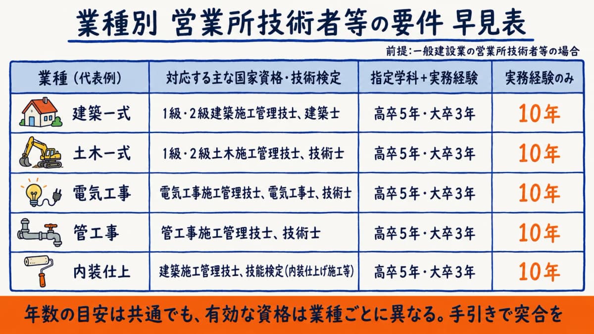 業種別 専任技術者要件早見表
