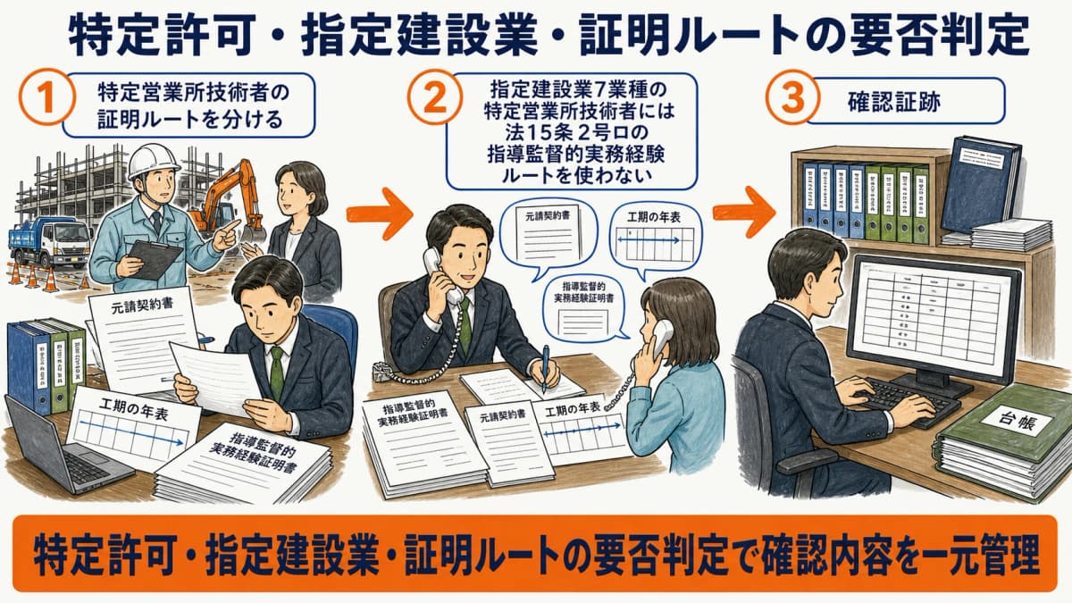 特定許可と指定建設業と証明ルートから様式第10号の要否を判定する図