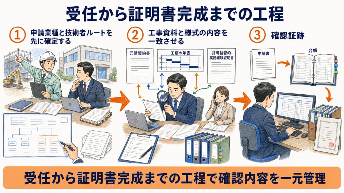 受任から要否判定と工事照合を経て様式第10号を完成させる工程図