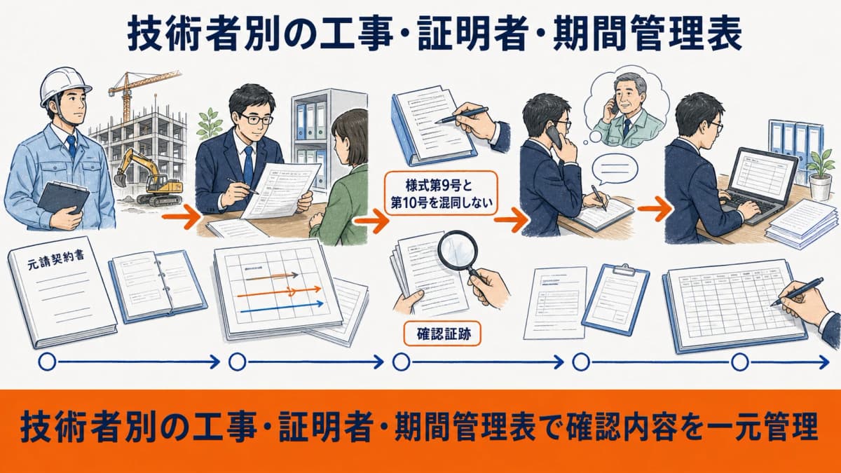 技術者別に申請業種と工事と証明者と期間を管理する一覧図