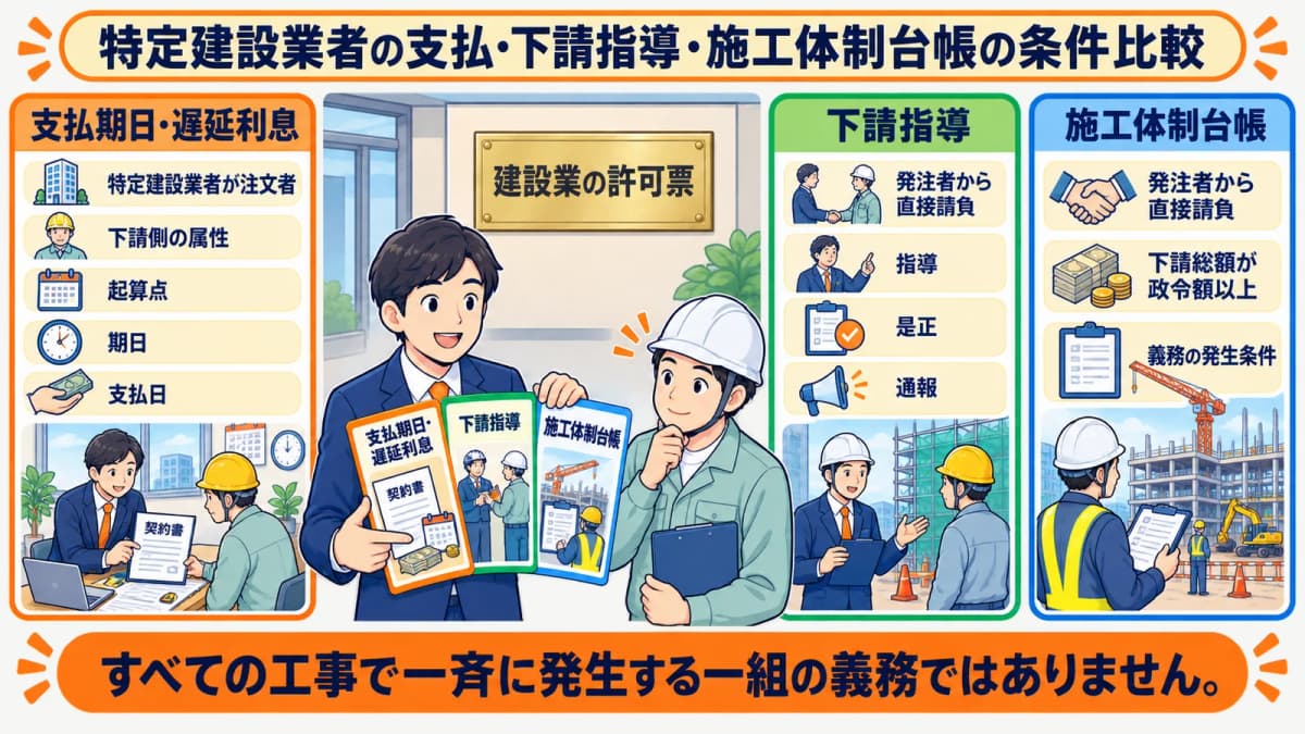 特定建設業者の支払・下請指導・施工体制台帳の条件比較
