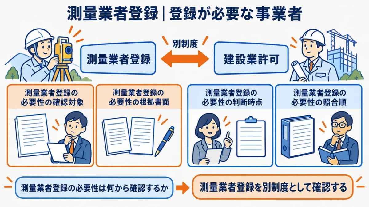 測量業者登録と建設業許可を別制度として整理する全体図