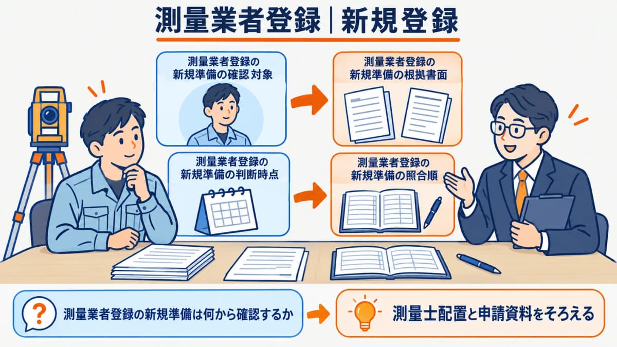測量士配置と申請資料を確認する新規登録の準備図