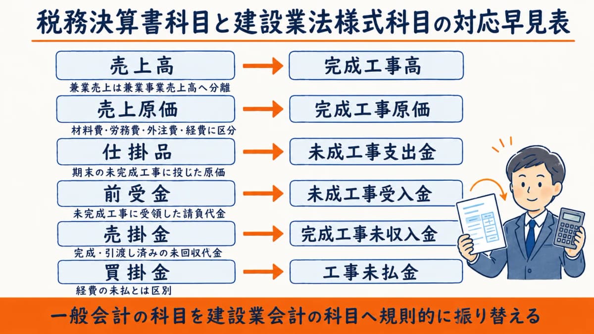 税務決算書科目と建設業法様式科目の対応早見表