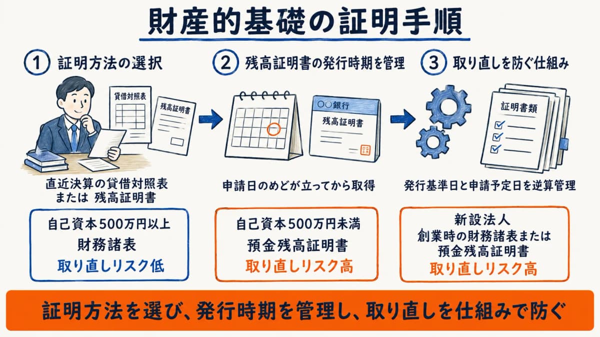 財産的基礎の証明手順(証明方法の選択→残高証明の管理→仕組み化)